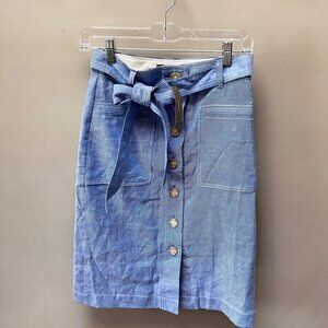 NEW J.Crew Women's Blue Button-Front Belted Skirt‎ Size 0 Linen Blend